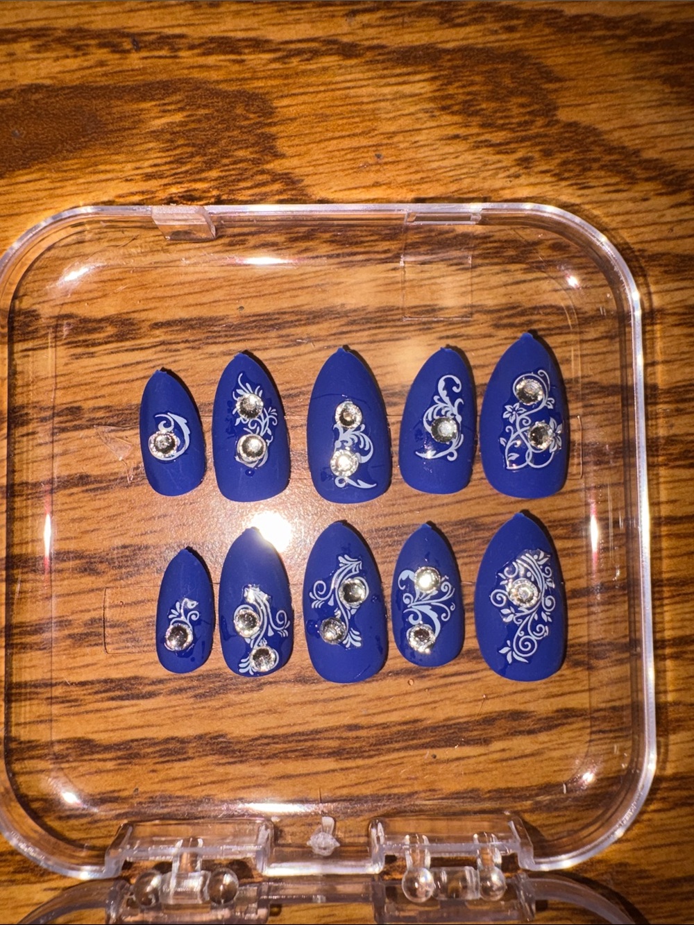 Blue Matte Press-On Nails with Silver Filigree and Rhinestones